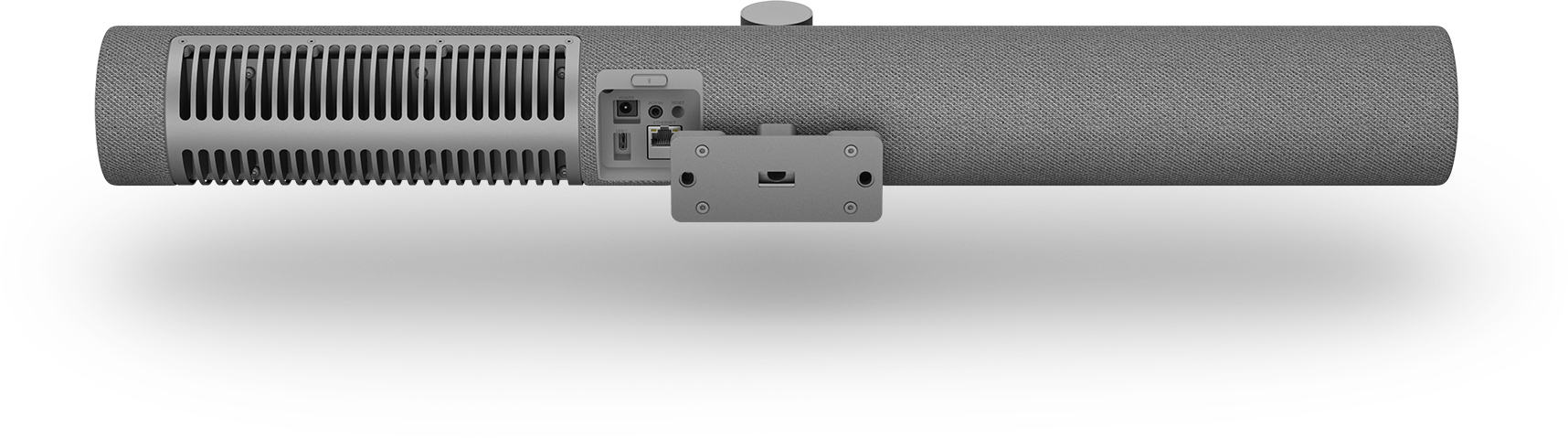 Eine graue Soundbar mit Anschlüssen und einem Lüfter auf der Rückseite. Sie befindet sich vor einem schwarzen Hintergrund.