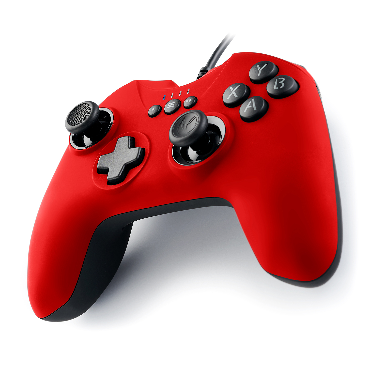 Un controller di gioco rosso con pulsanti e levette neri.