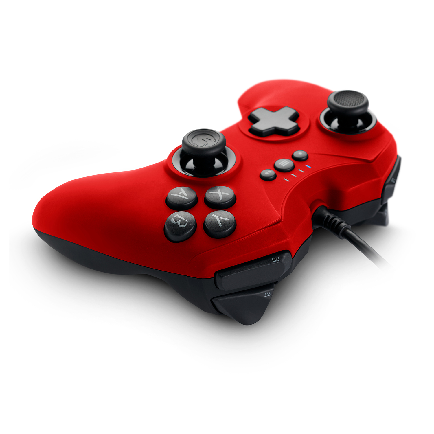 Controller di gioco rosso con pulsanti e joystick neri su superficie bianca.
