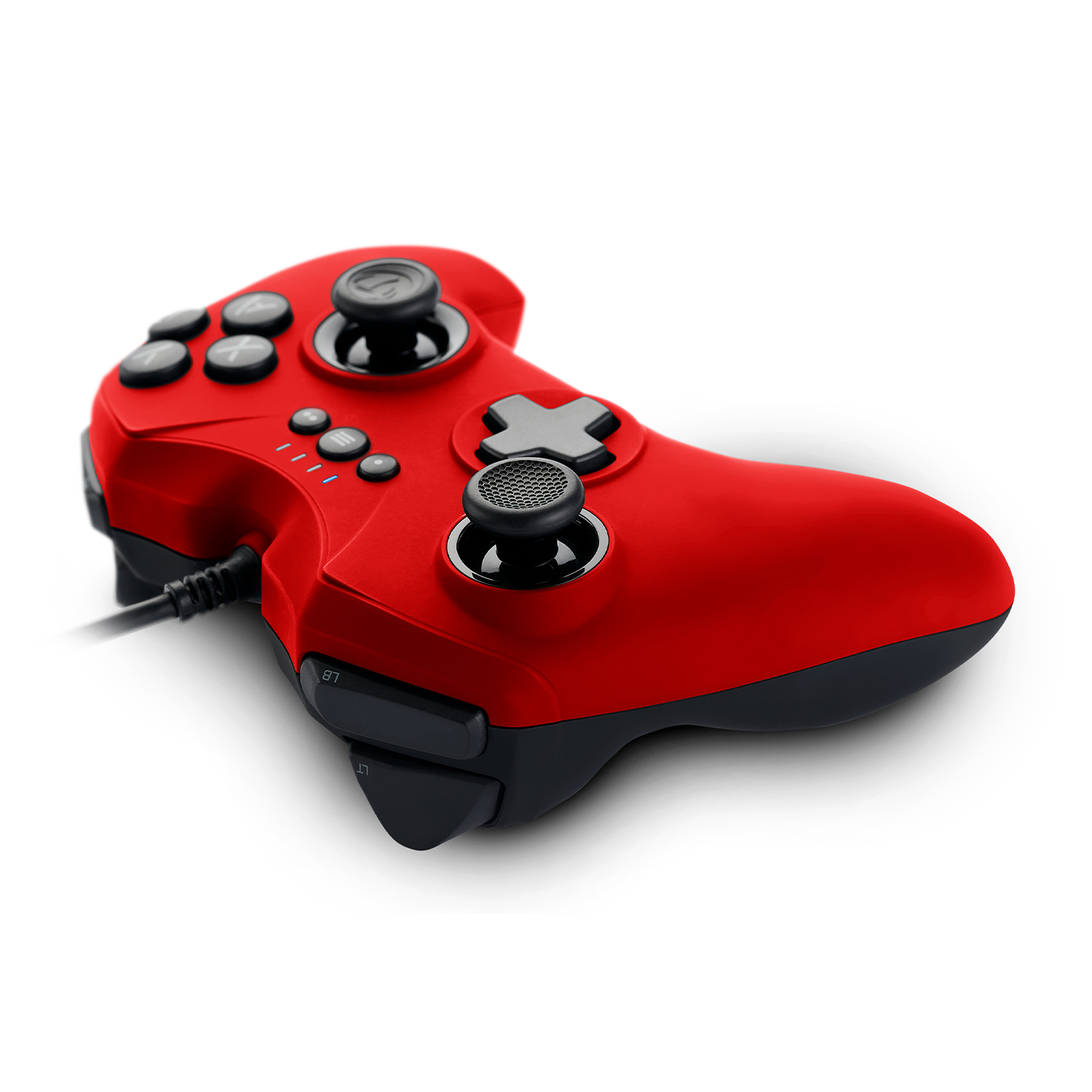 Controller per videogiochi rosso. Tasti neri e levetta direzionale nera visibili.