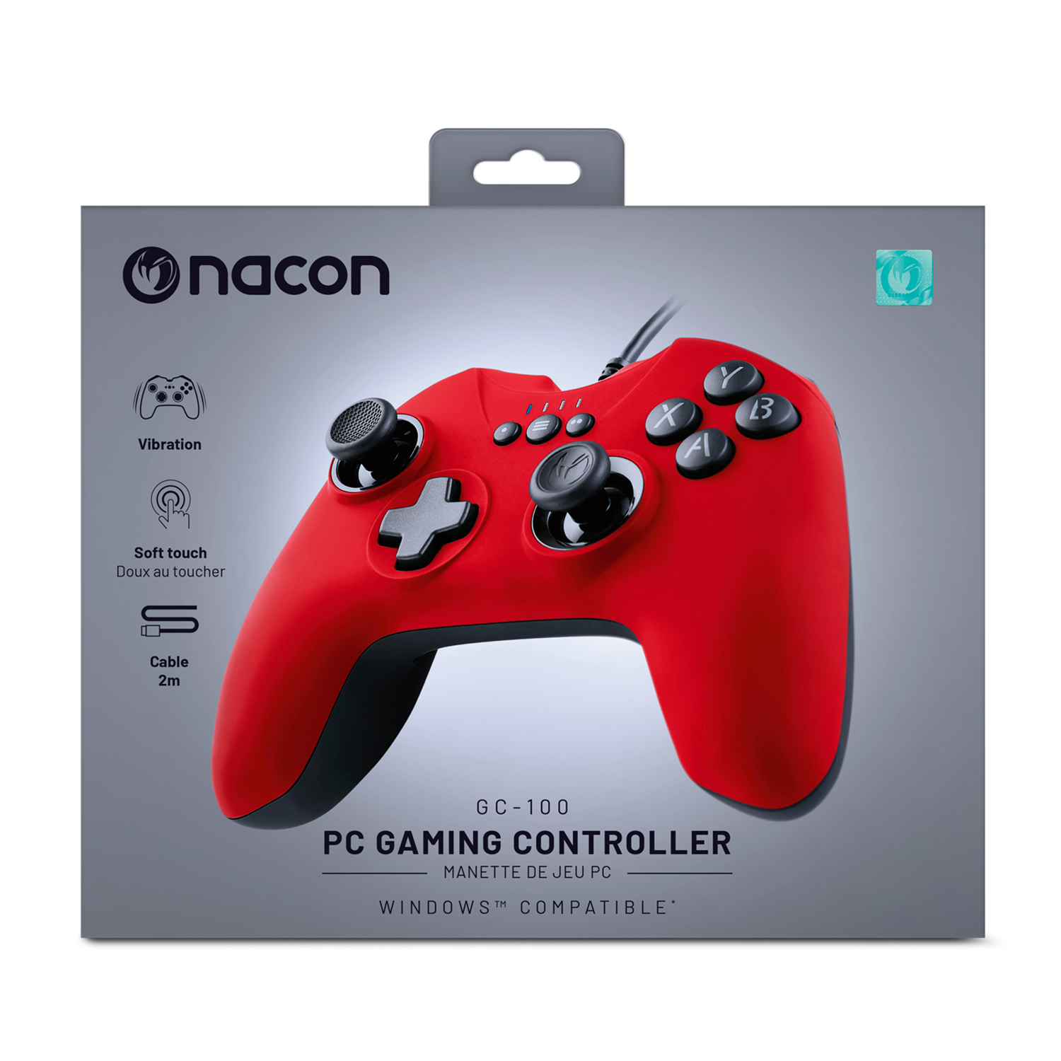 Controller di gioco per PC rosso con pulsanti neri in una scatola.