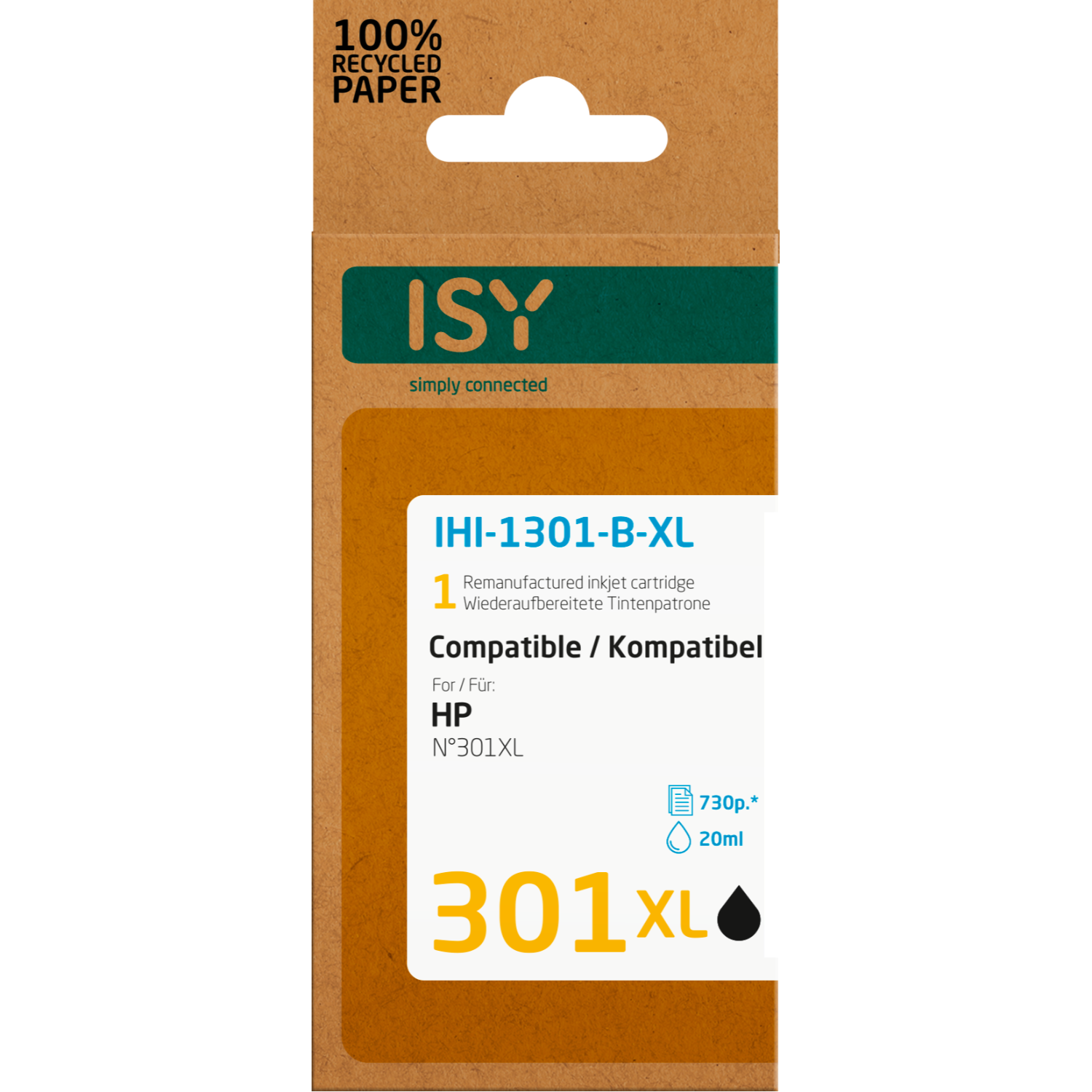 Inktcartridge doos met ISY logo, tekst en product details. Bruin en wit kleurenschema.