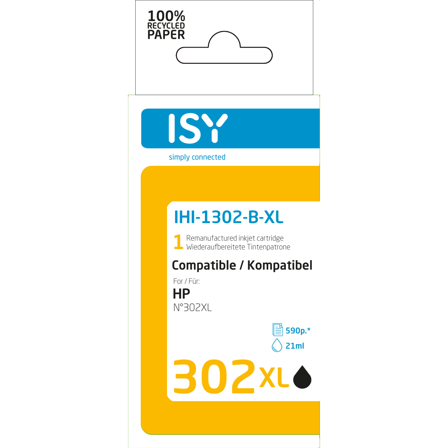 ISY inktcartridge verpakking. 100% gerecycled papier label. Voor HP printers.