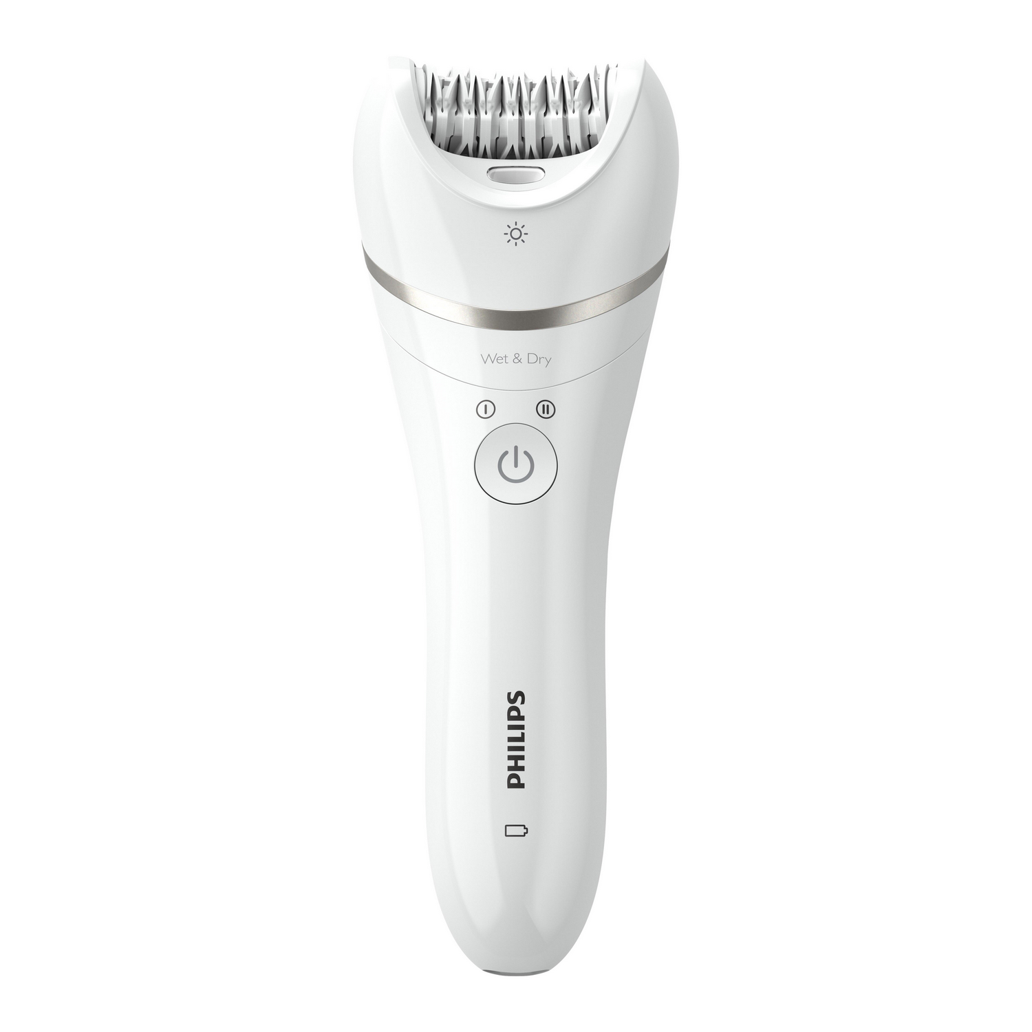 Witte Philips nat- en droogepilator met bedieningselementen, op witte achtergrond.