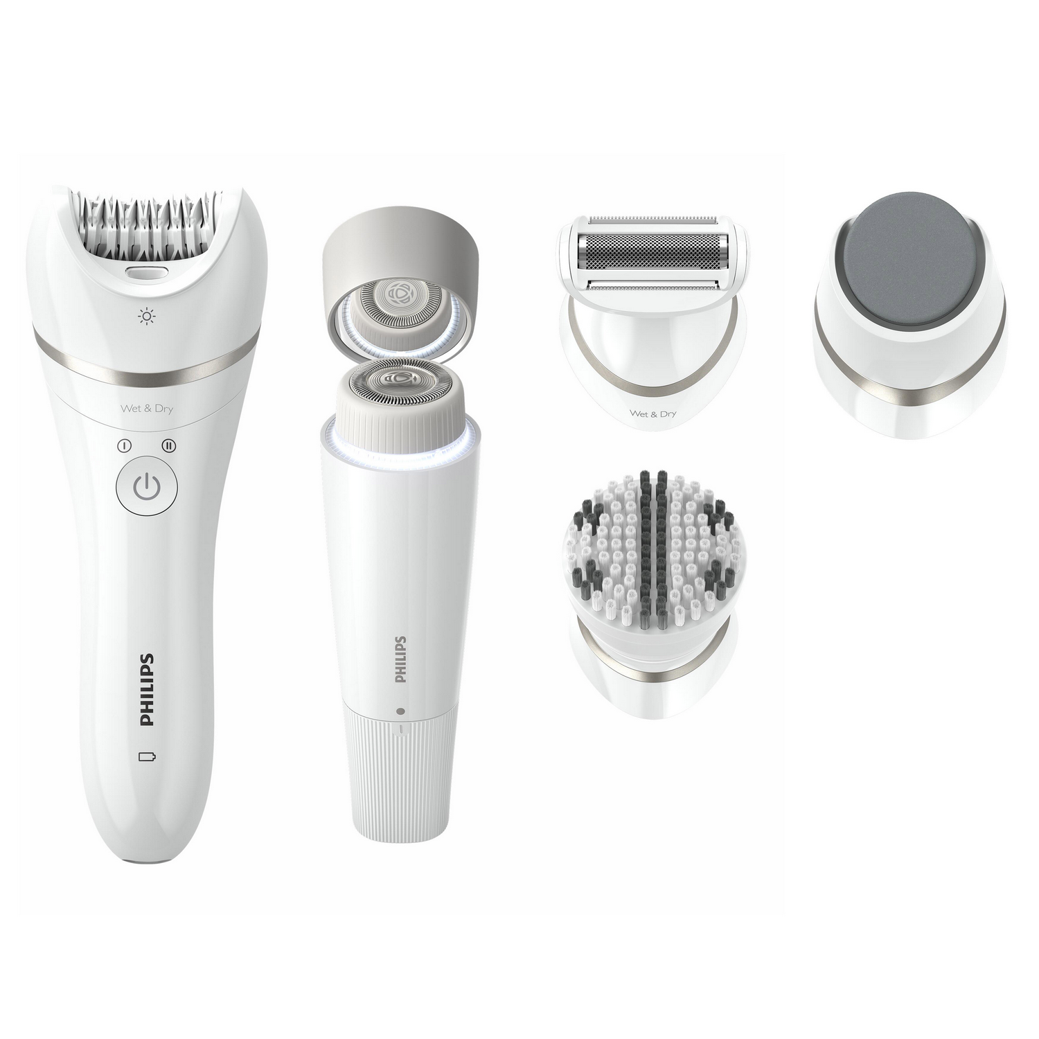 Witte Philips epilator met opzetstukken. Accessoires zijn scheerkop, borstel en gezichtsborstel.