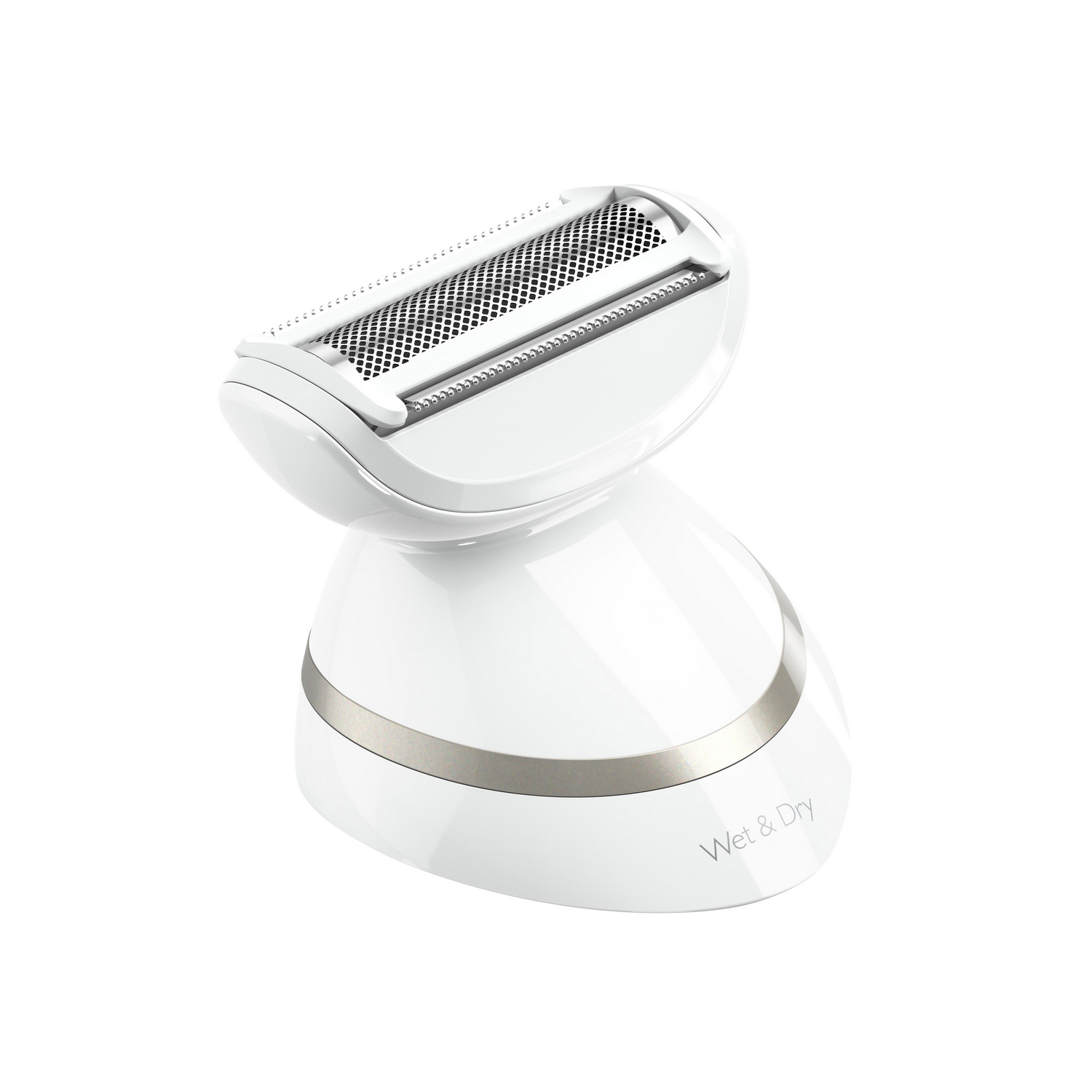 Een witte, draadloze, nat & droog scheerapparaat, schuine weergave, witte achtergrond.
