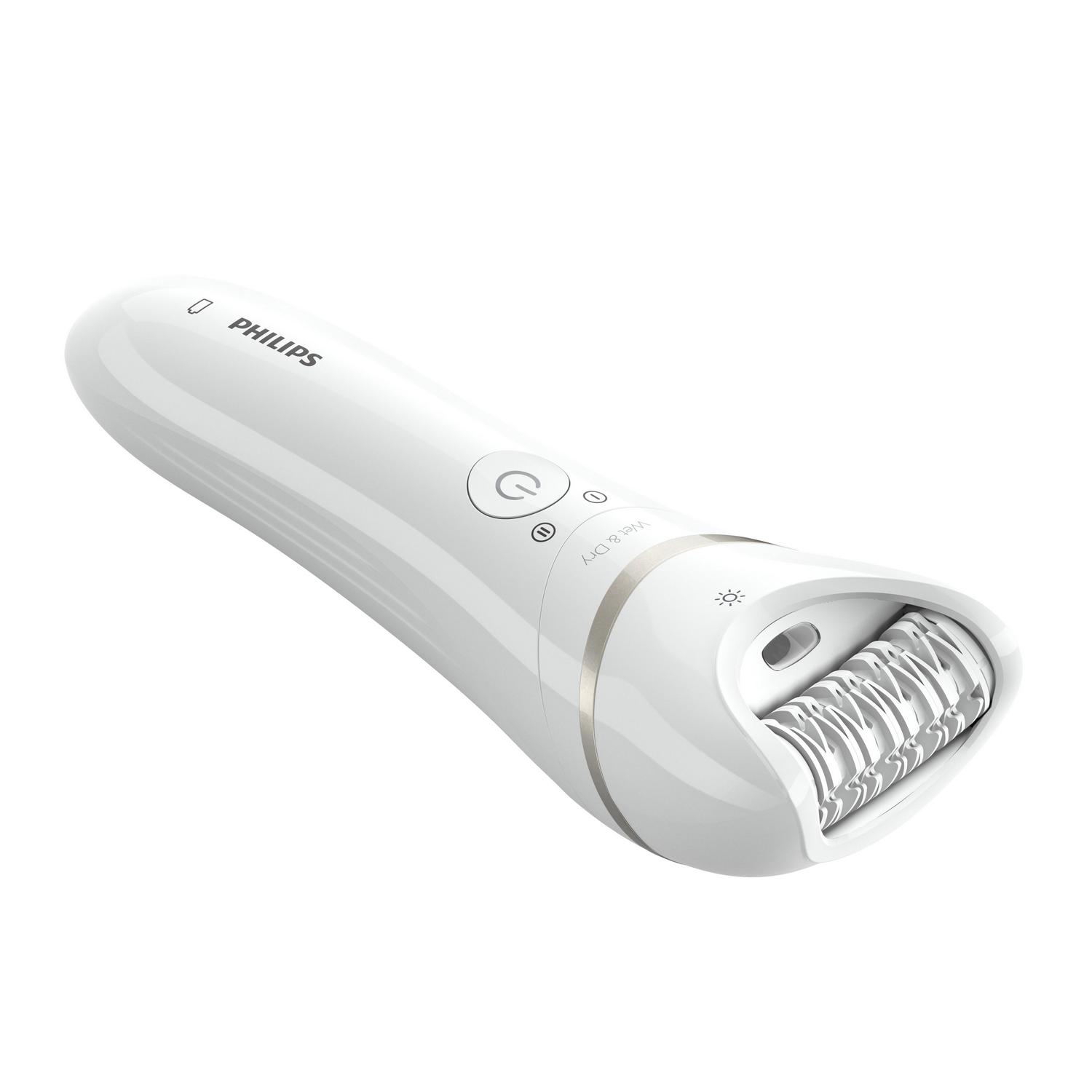 Witte Philips epilator, wet & dry, met aan/uit-knop en licht. Geïsoleerd.
