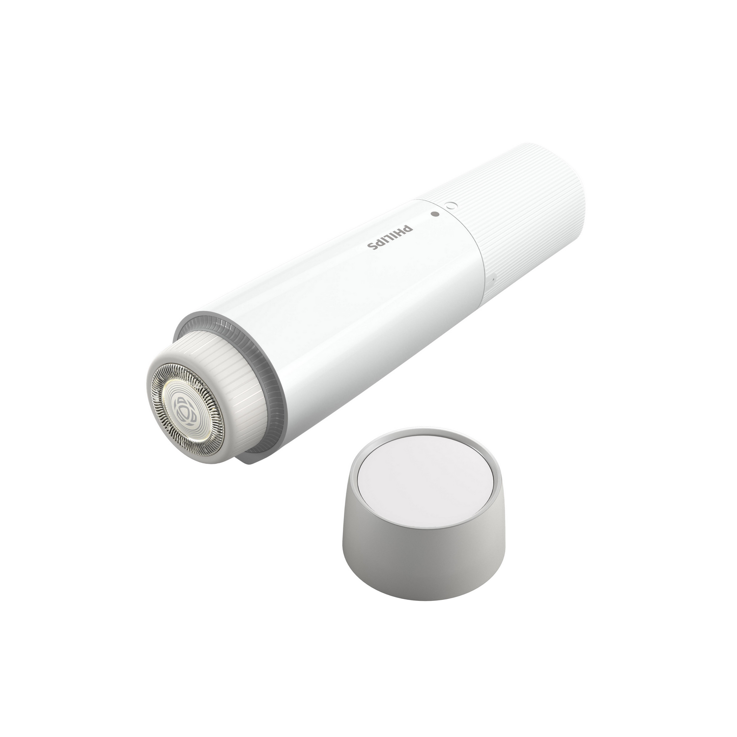 Witte elektrische scheerapparaat met losgemaakte kop en dop. Het scheerapparaat is cilindrisch met een getextureerde grip.