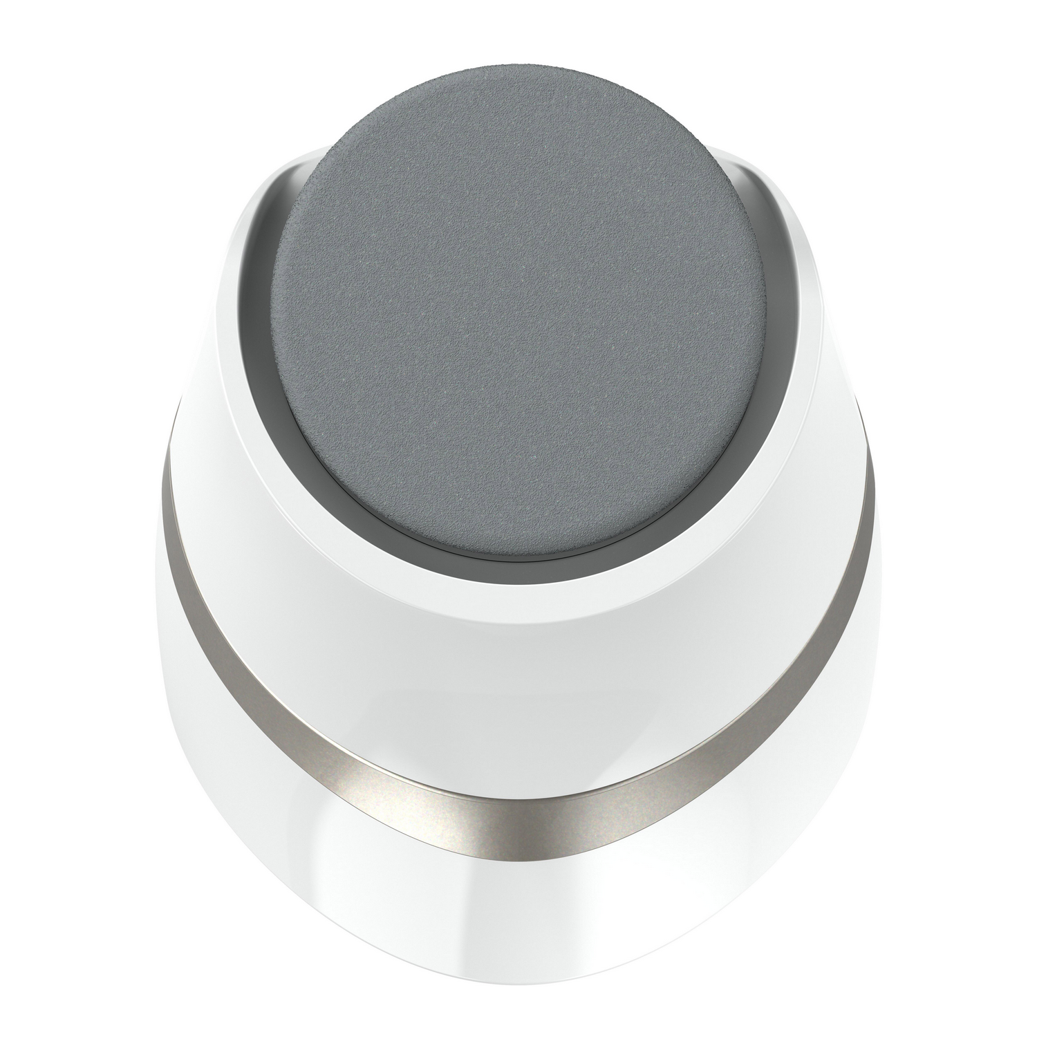 Bovenaanzicht van een wit en grijs rond object met een zilveren ring eromheen.