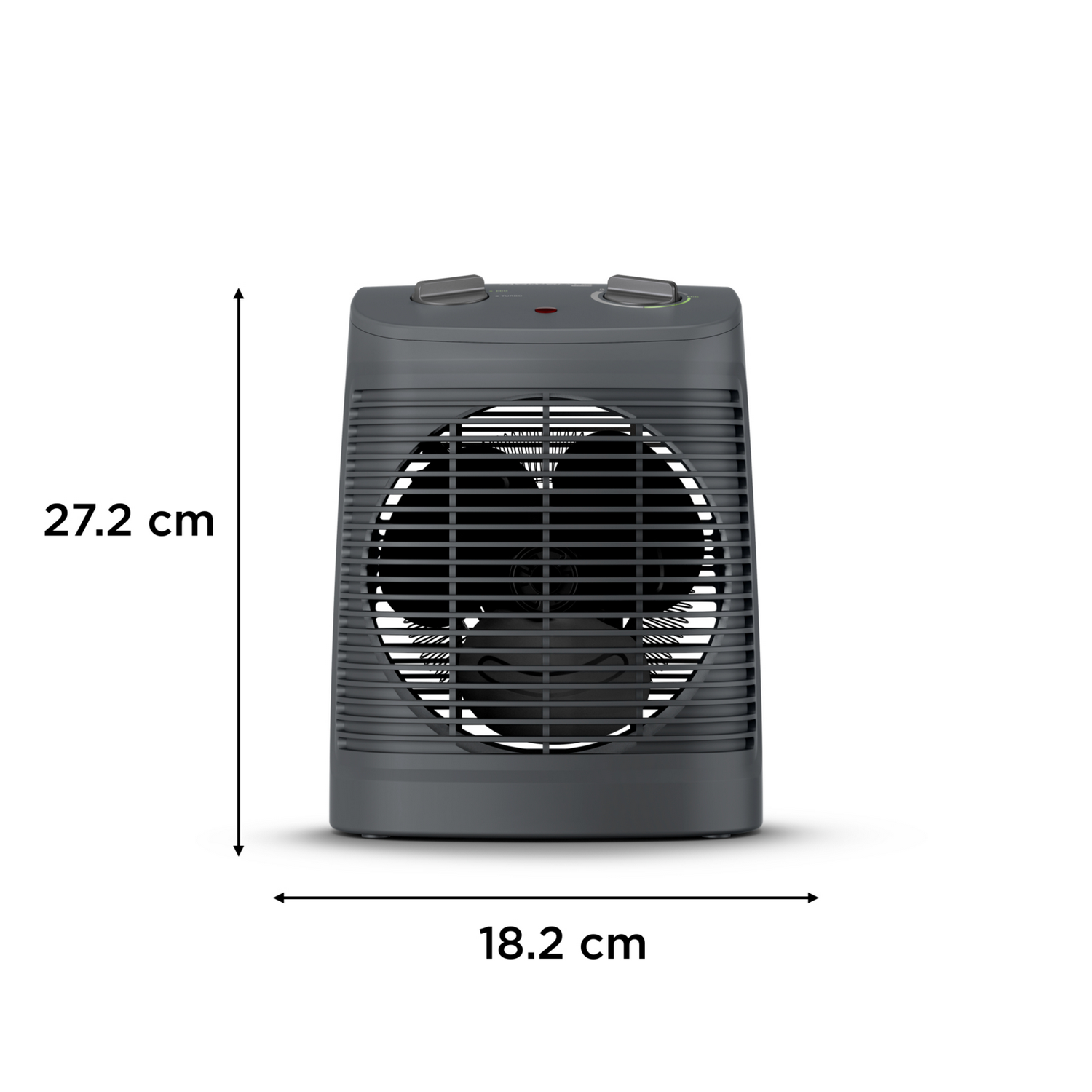 A dark gray fan heater with dimensions displayed, against a white background.