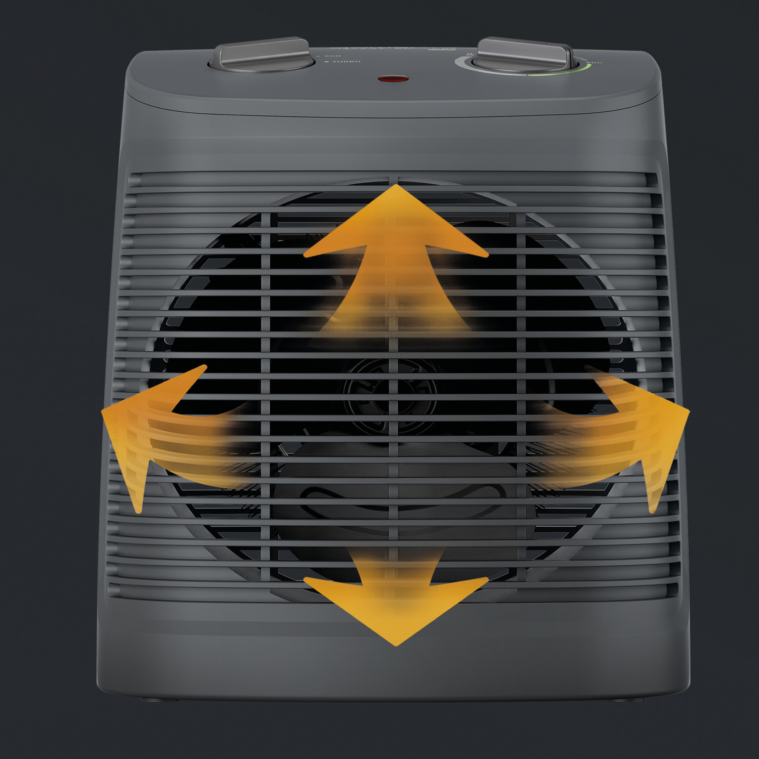 Heater fan with arrows indicating airflow, dark gray background.