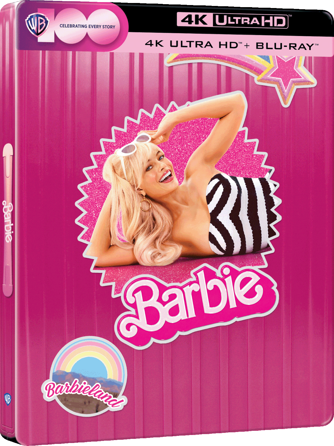 Barbie-filmhoes: roze achtergrond, blonde vrouw, logo en tekst.