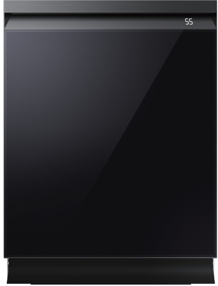 Czarna zmywarka z cyfrowym wyświetlaczem, uchwytem i czarnym szklanym frontem, na białym tle.