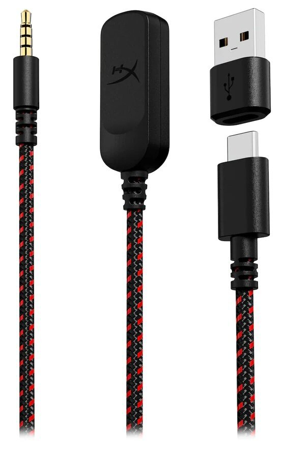 Różne czarne kable: 3,5 mm, USB i USB-C z czerwonymi i czarnymi akcentami.