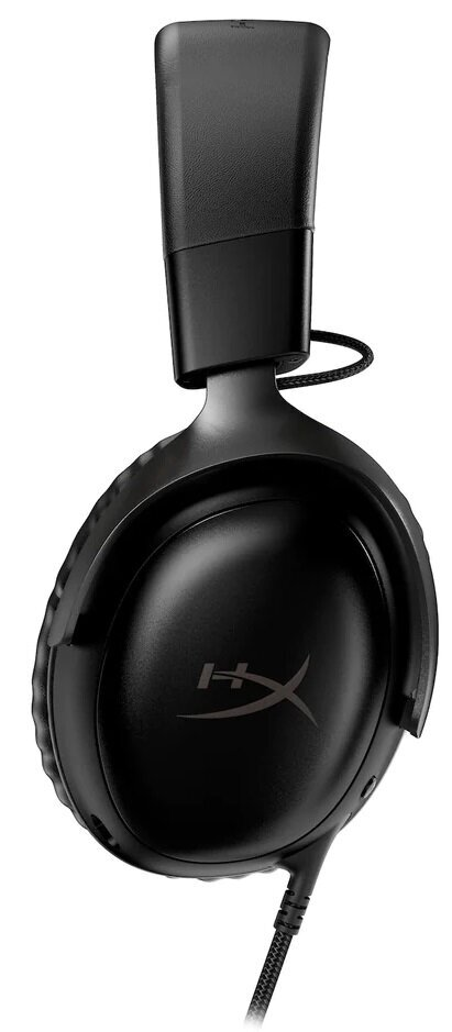 Czarne słuchawki dla graczy. Logo HyperX z boku, dołączony czarny kabel.
