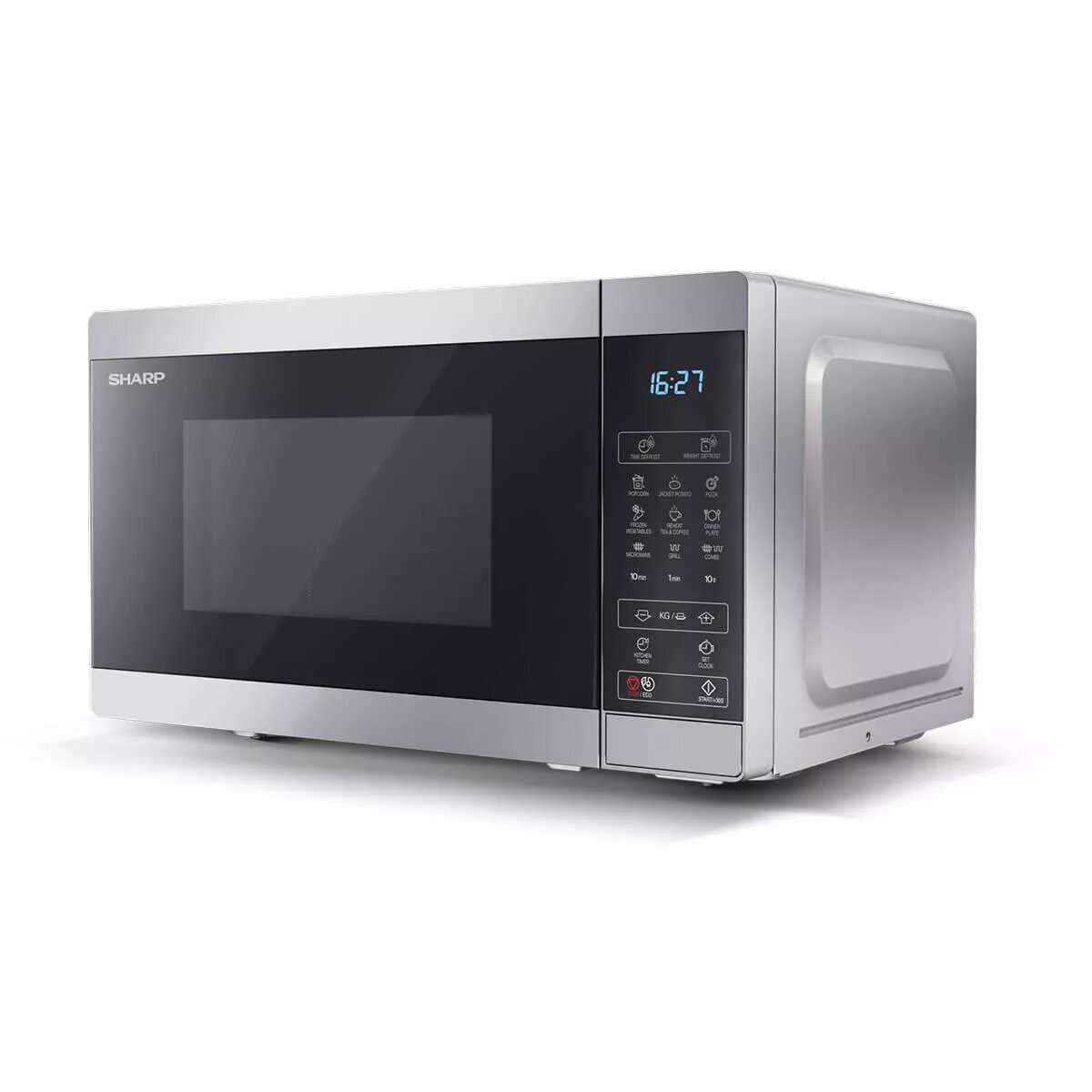 Srebrna kuchenka mikrofalowa Sharp z cyfrowym wyświetlaczem.