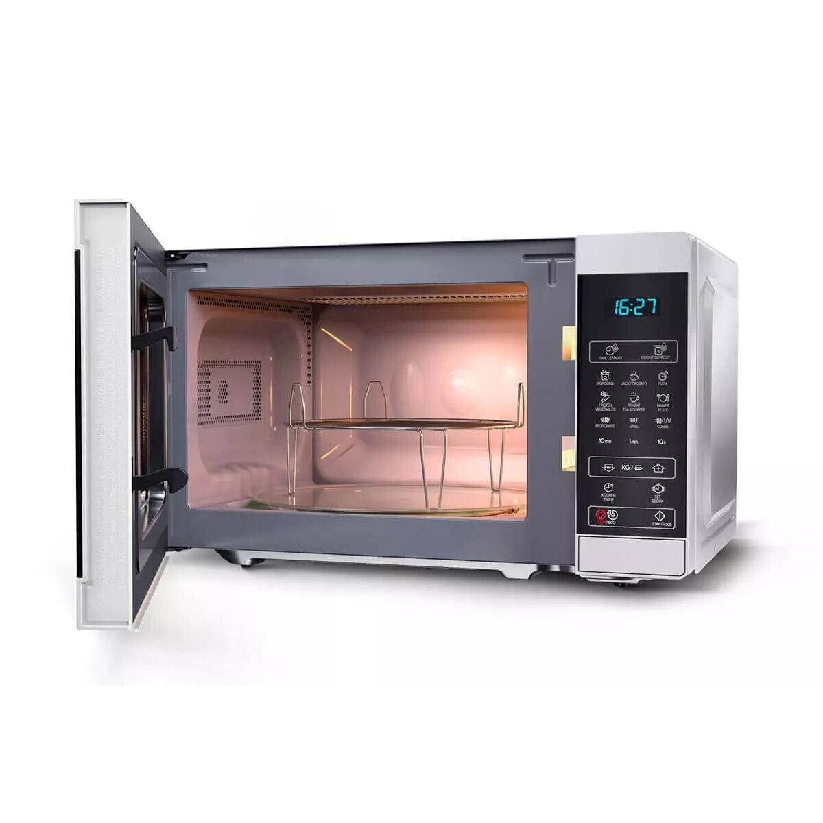 Kuchenka mikrofalowa z otwartymi drzwiami. Widoczne wnętrze z rusztem.