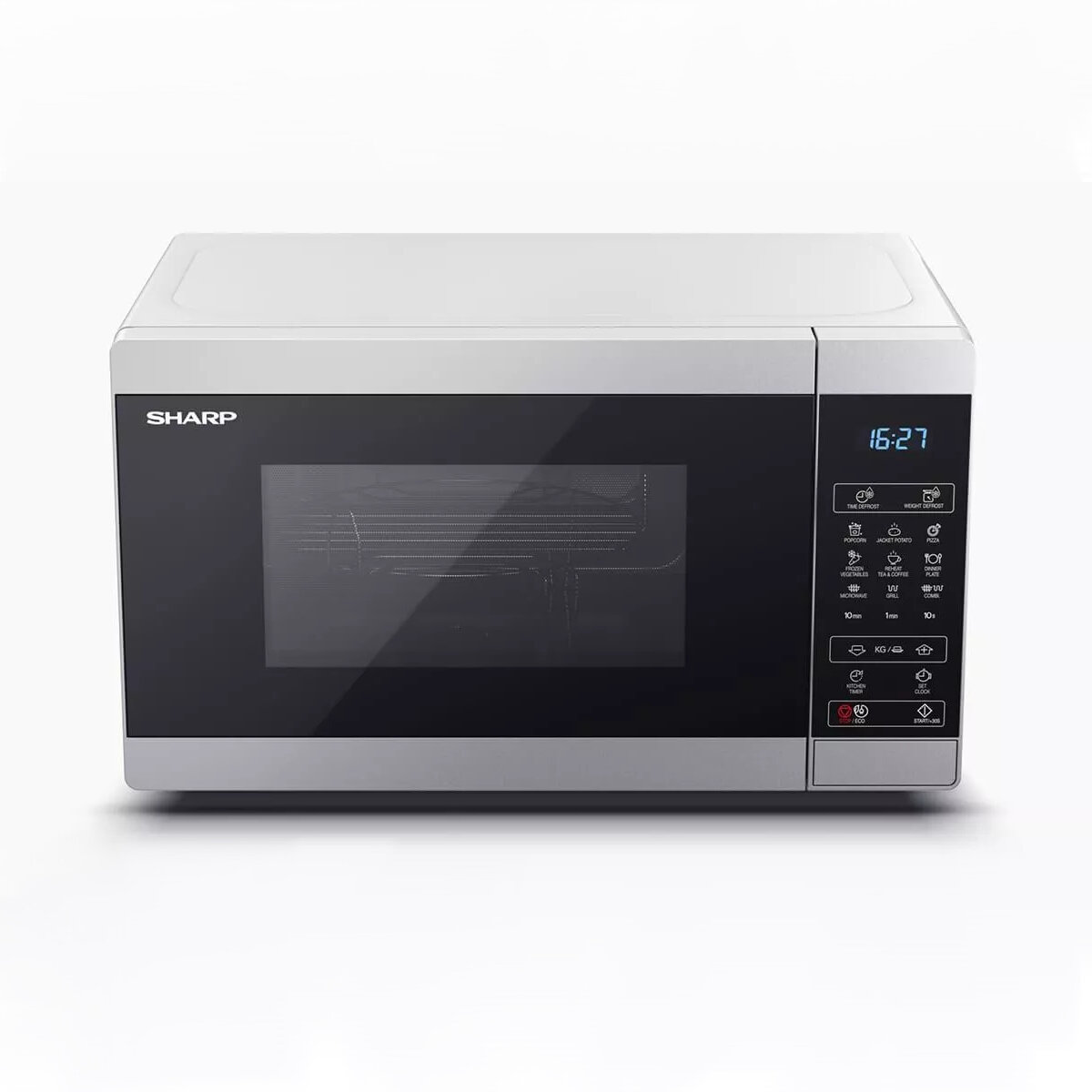 Srebrno-czarna kuchenka mikrofalowa Sharp. Posiada zegar cyfrowy i przyciski sterowania.