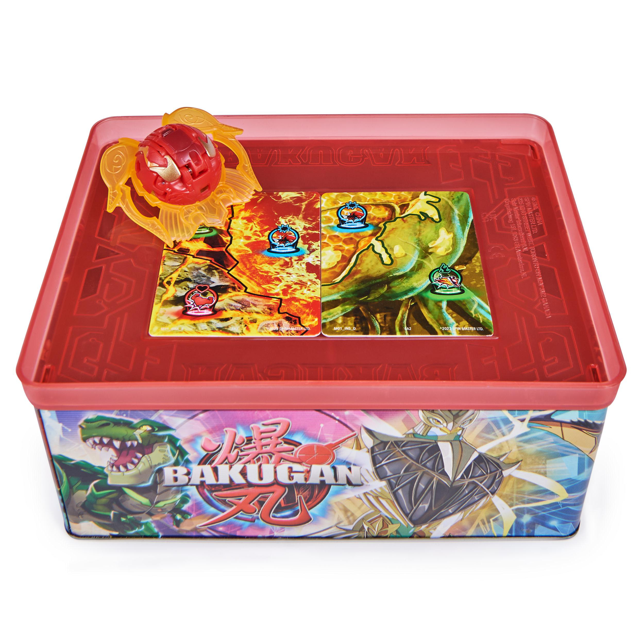 Eine rote Bakugan-Spielzeugbox mit Spielbrett und einer Bakugan-Figur.
