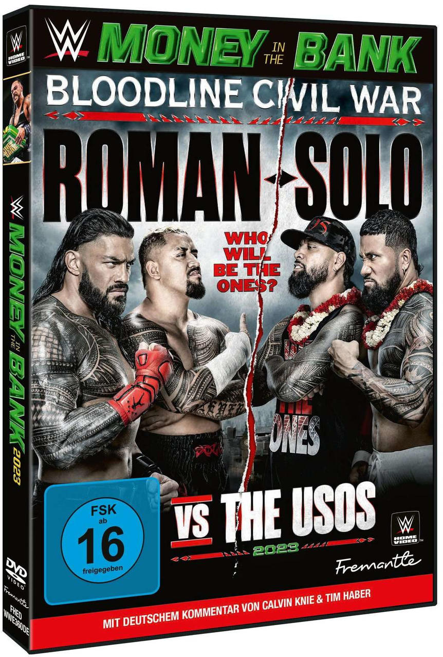 DVD-Cover von 'Money in the Bank: Bloodline Civil War' mit Wrestlern, die sich gegenüberstehen.