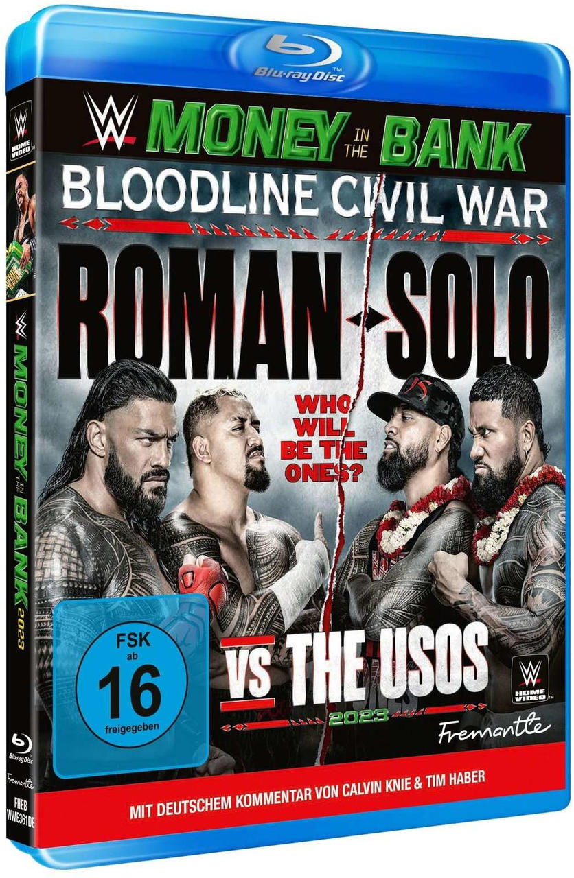 Blu-ray-Disc-Cover mit Wrestling-Figuren. Titel ist "Money in the Bank: Bloodline Civil War."