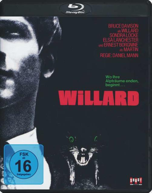 DVD-Cover: Gesicht eines Mannes, Katze mit grünen Augen. Titel: 'Willard'.