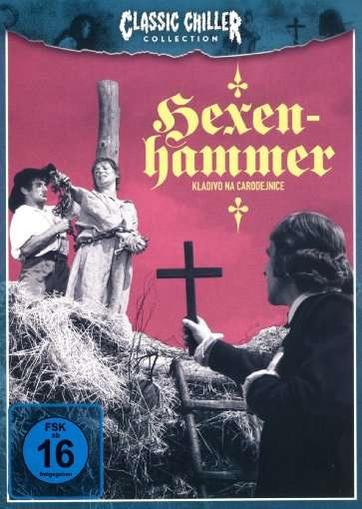 Hexenhammer Filmcover. Menschen auf einem Feld mit Kreuz, eine Frau an einem Pfahl gefesselt.