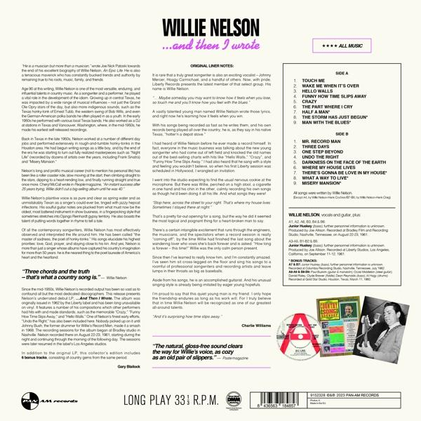Albumcover: Willie Nelson und I wrote, Text und Foto von Nelson, mit Songtiteln aufgelistet.