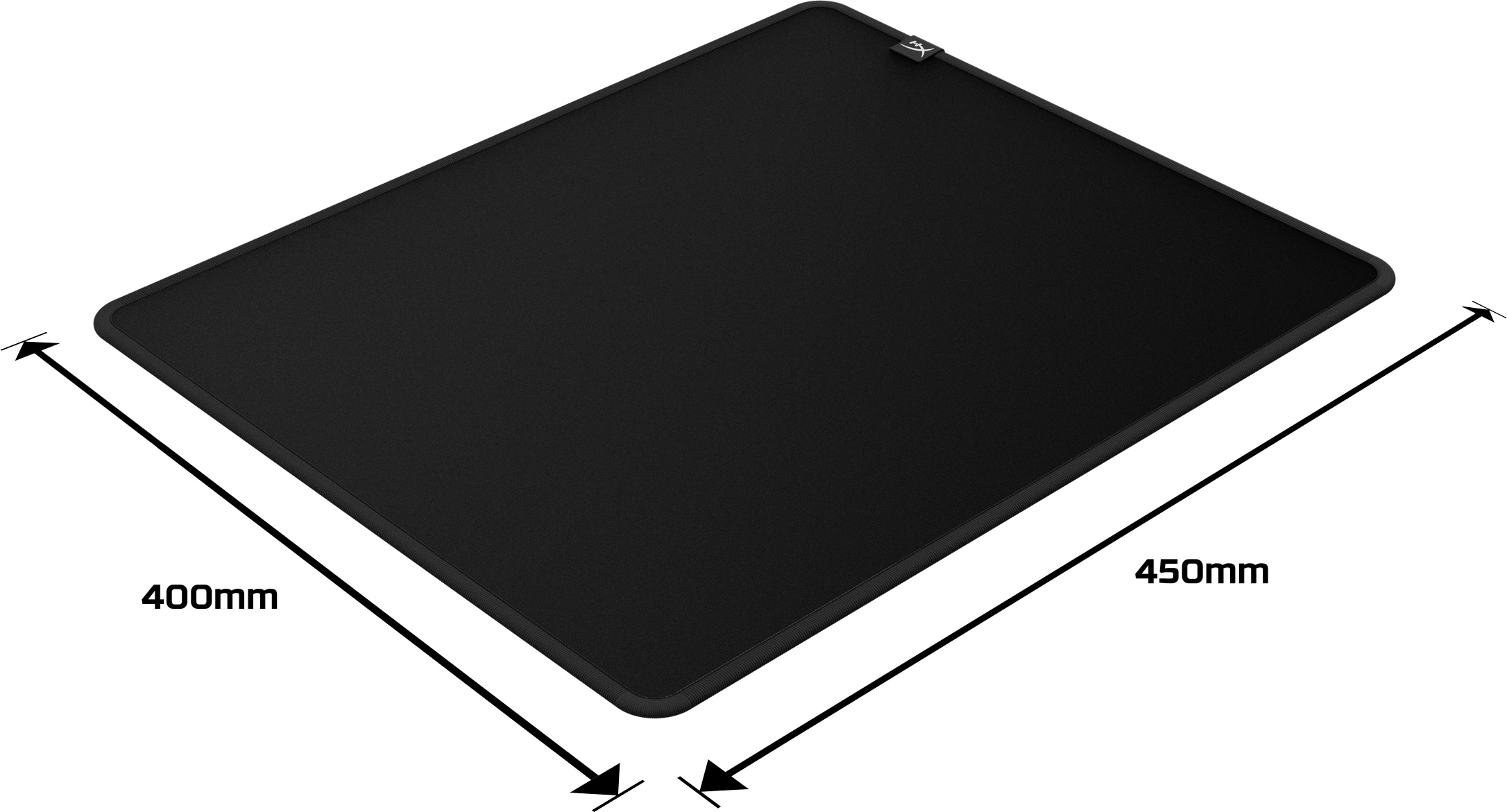 Ein schwarzes rechteckiges Mousepad mit den Maßen 400 mm x 450 mm. Ein Logo ist in der oberen rechten Ecke zu sehen.