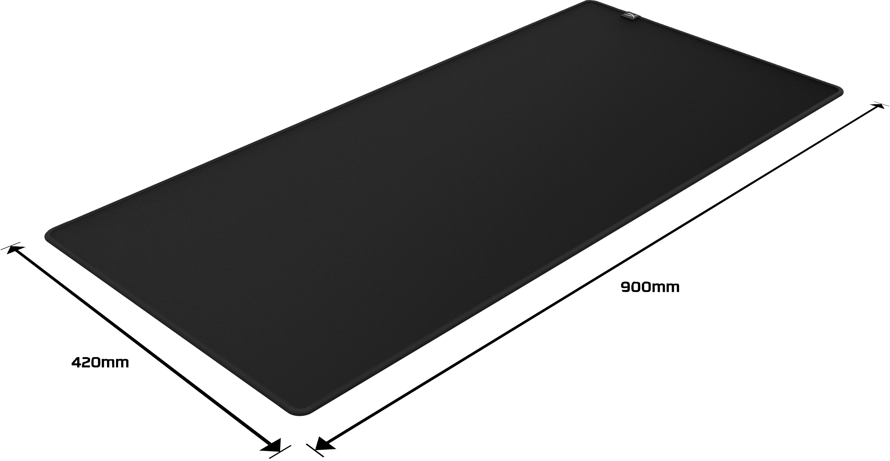 Ein schwarzes rechteckiges Mauspadd mit den Maßen 900 mm x 420 mm. Abmessungen sind beschriftet. Die obere Ecke hat ein Logo.