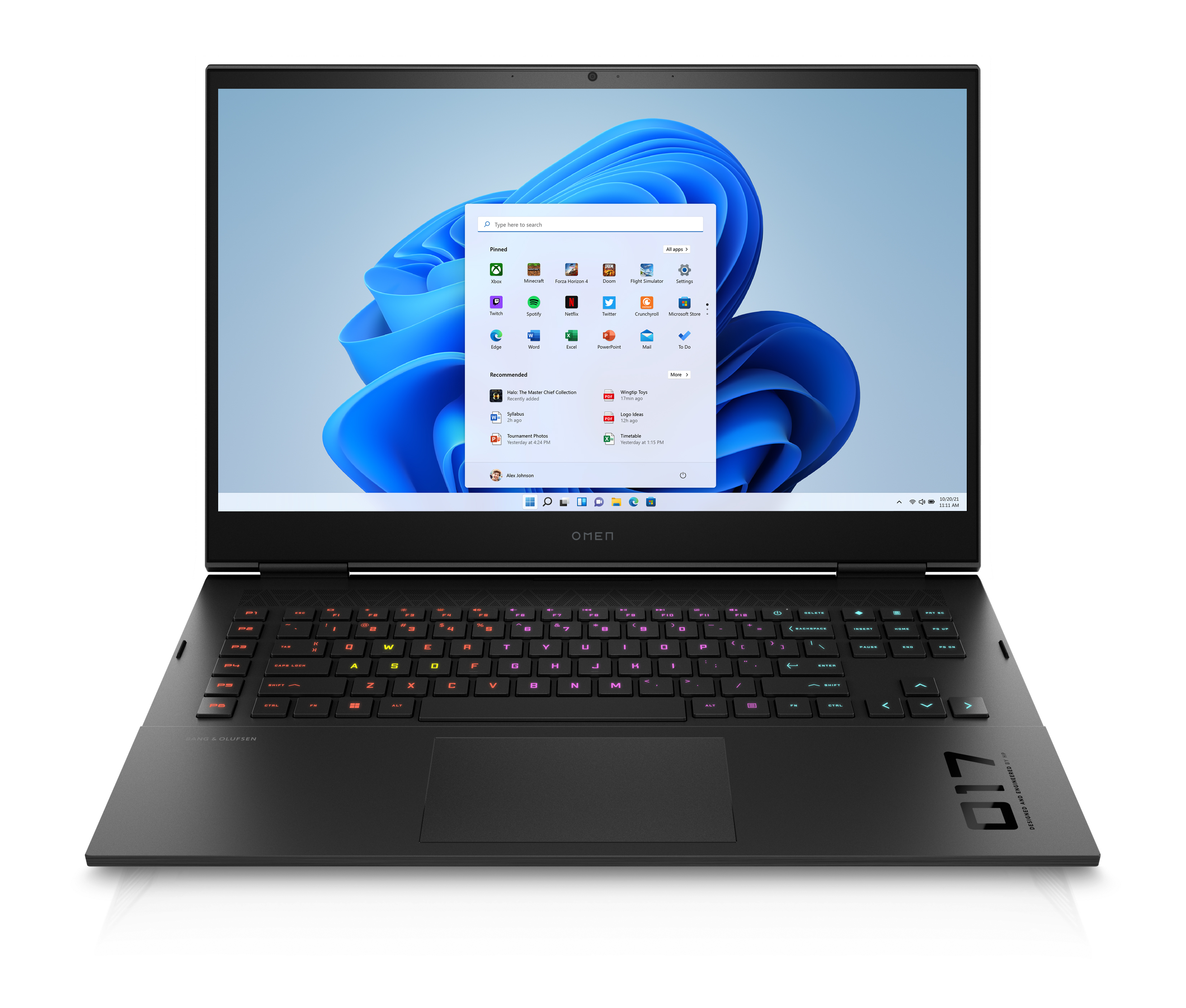 Bir Windows arayüzü gösteren bir ekrana sahip siyah bir dizüstü bilgisayar. Klavyede renkli arkadan aydınlatmalı tuşlar var.