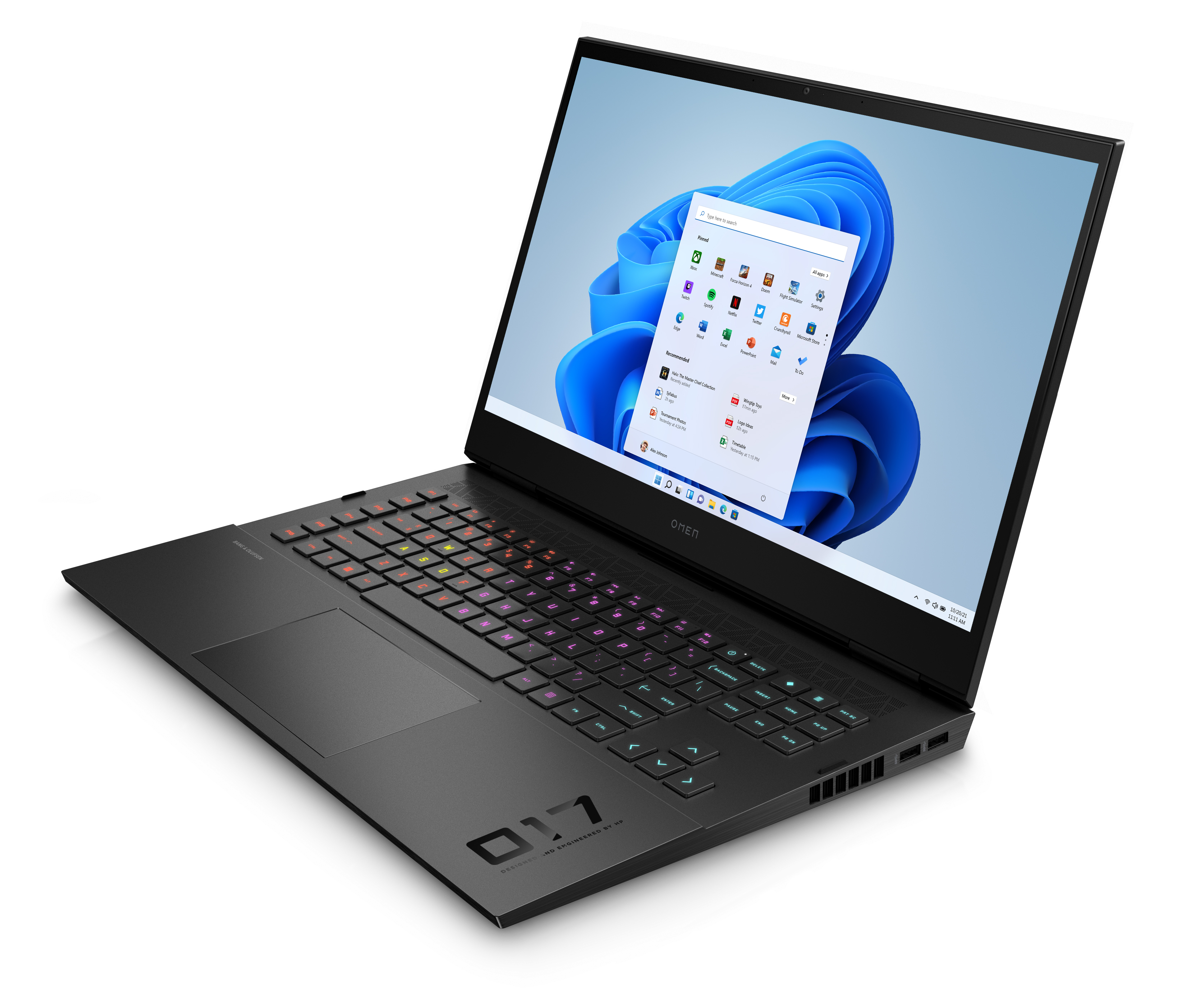 Açık bir masada, aydınlatmalı klavyeli, siyah bir dizüstü bilgisayar. Windows 11 arayüzünü gösteriyor.