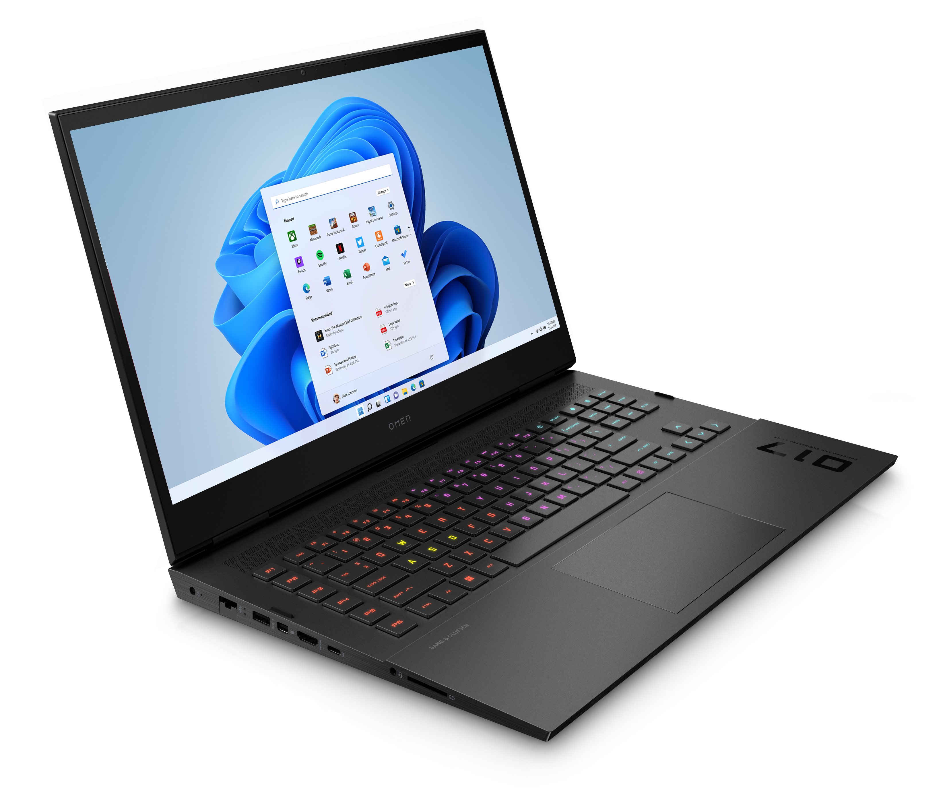 Windows 11 ekranıyla açık siyah bir dizüstü bilgisayar. Klavye ve dokunmatik yüzey görünür.