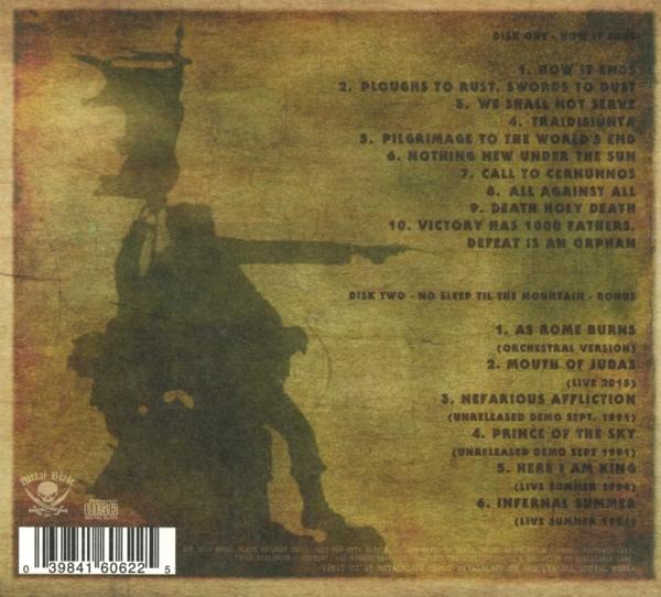 Rückseite eines CD-Covers mit einer Liste von Liedern und einem Bild einer Person mit Schwert.