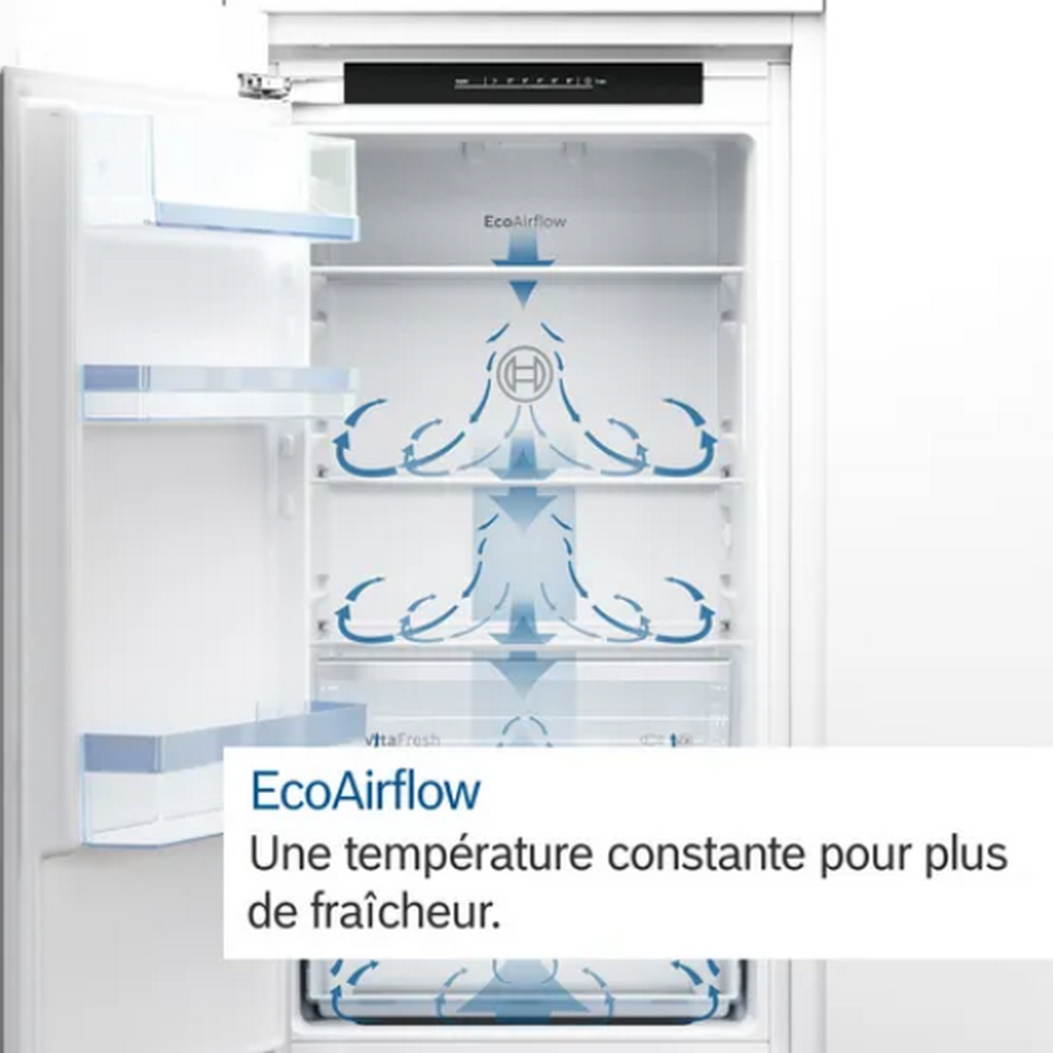 An open refrigerator interior showing shelves and a diagram of airflow.