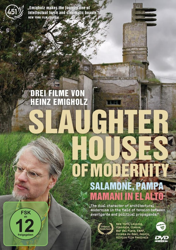 DVD-Cover. Slaughter Houses of Modernity, mit einem Mann und architektonischen Bildern.