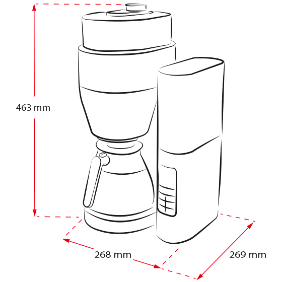 Technische Zeichnung, die eine Kaffeemaschine mit Abmessungen zeigt. Enthält Höhen-, Breiten- und Tiefenmessungen in mm.
