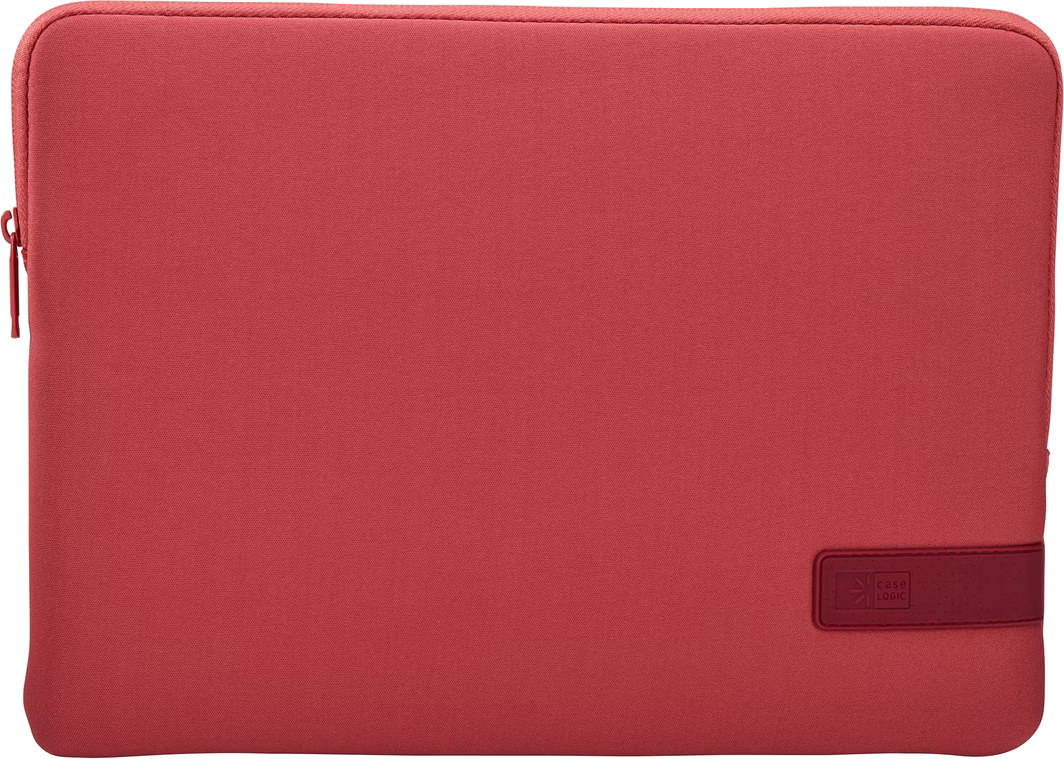 Housse pour ordinateur portable rouge. Logo Case Logic sur une bande rouge foncé.