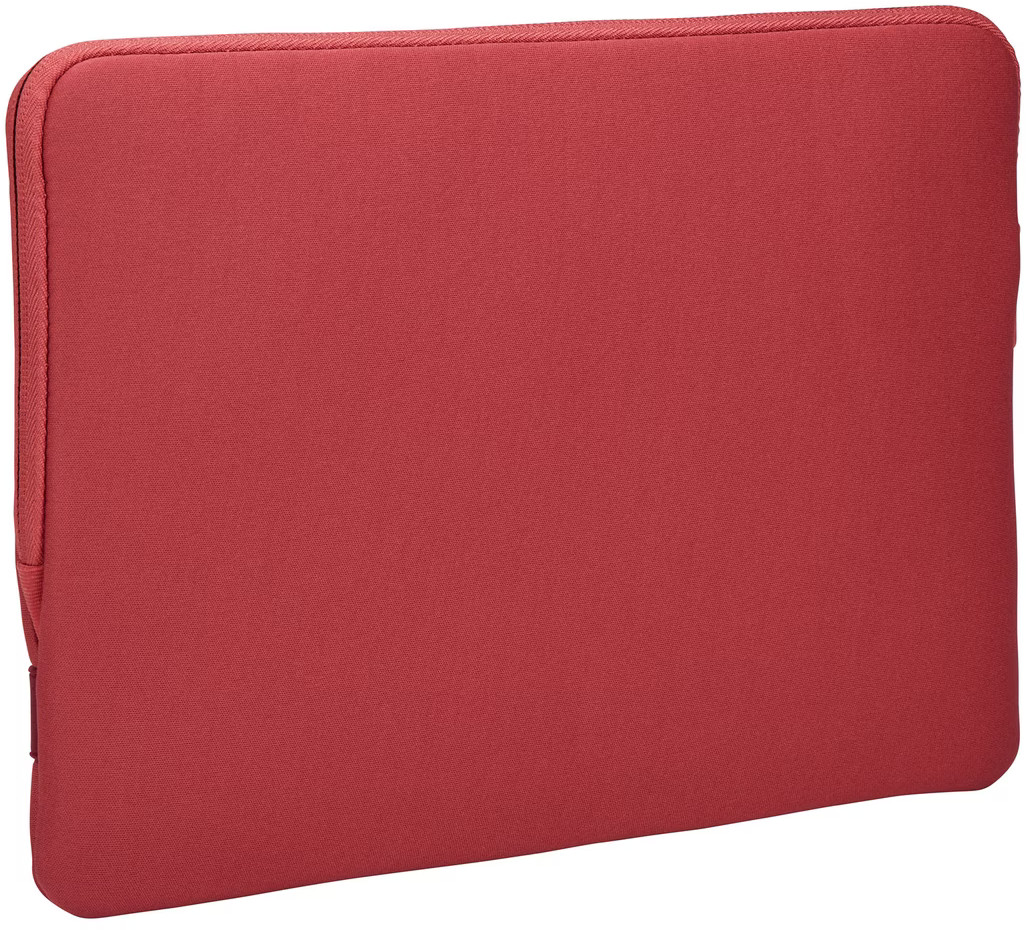 Housse d'ordinateur portable rouge avec fermeture éclair. La housse est rectangulaire.