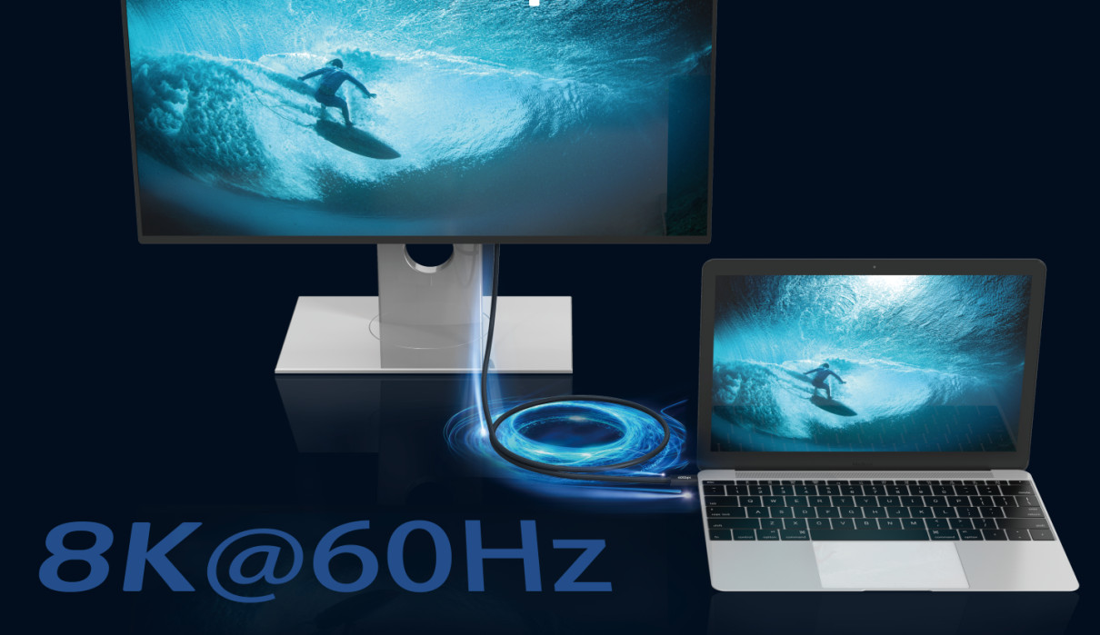 Un moniteur et un ordinateur portable affichant une vidéo de surf, connectés par un câble, avec le texte 8K@60Hz.