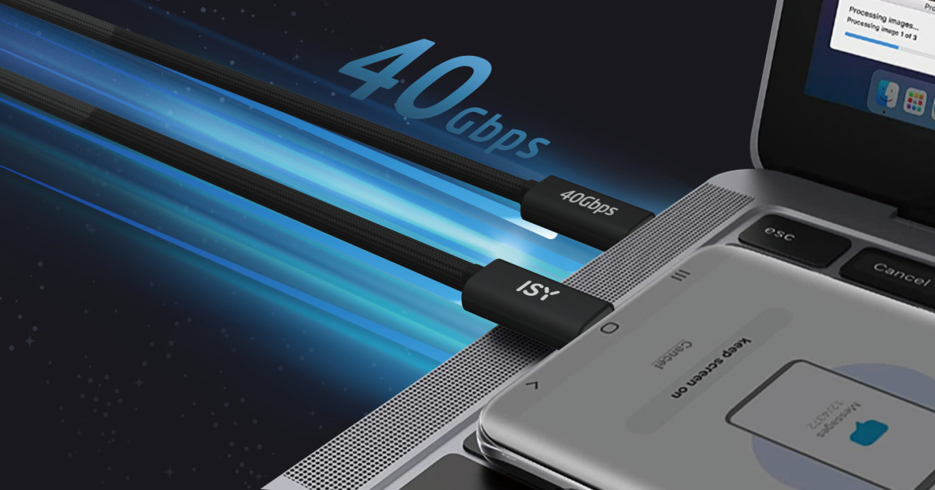 Câbles tressés noirs avec texte 40 Gbit/s, connectés à un ordinateur portable et un smartphone.