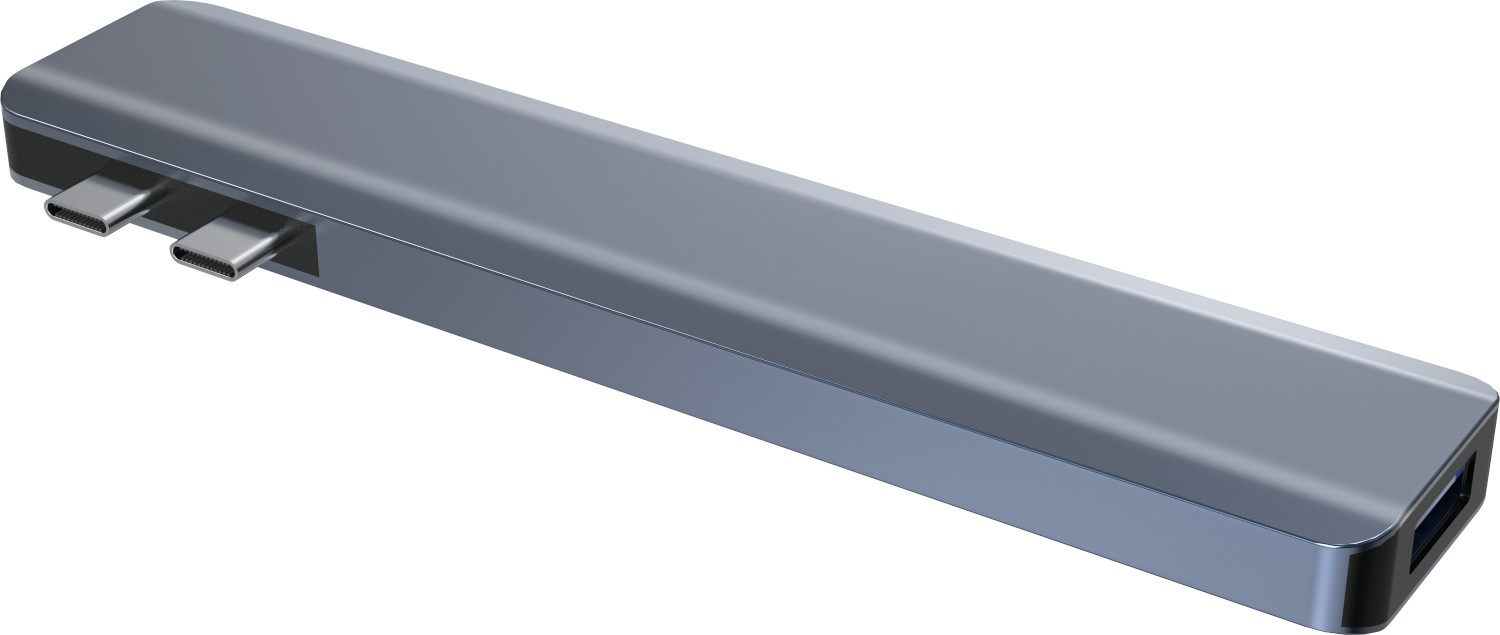 Hub USB-C argenté avec trois ports USB-C sur fond blanc.