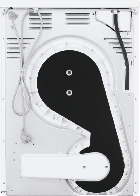 Vue arrière d'un sèche-linge blanc, montrant les composants internes, y compris une courroie et une ventilation.