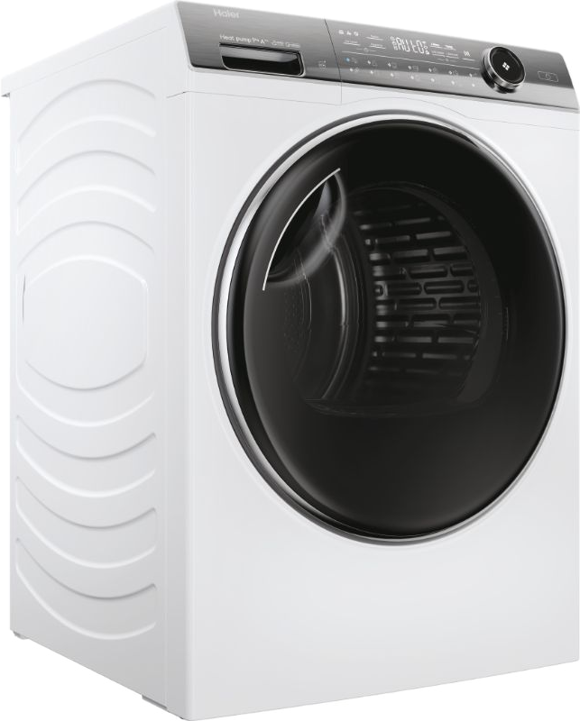 Un sèche-linge Haier blanc avec une porte noire.