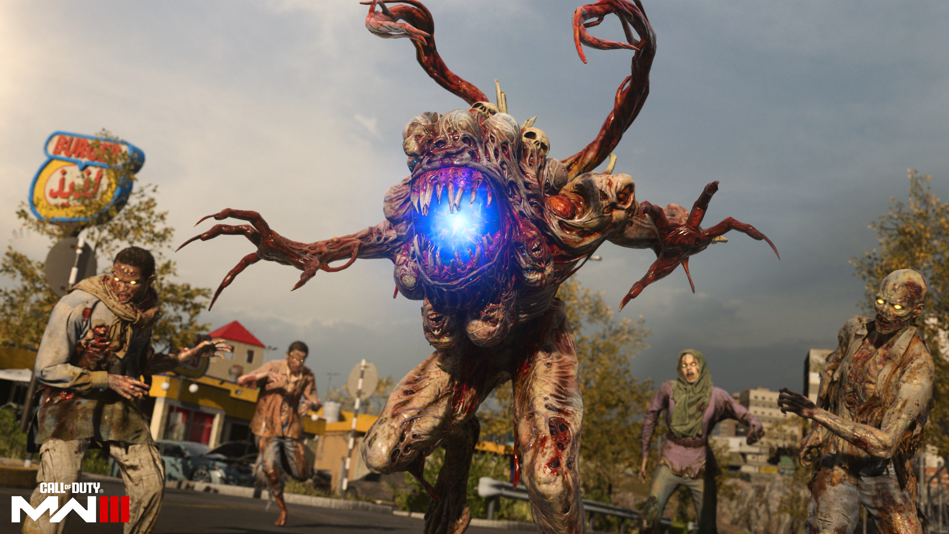 Monstre avec cœur bleu brillant attaquant des zombies dans une ville, bâtiments et ciel en arrière-plan.