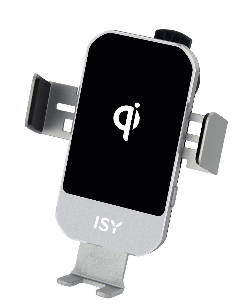 Srebrny uchwyt samochodowy na telefon z czarną podkładką ładującą. Białe logo 'qi'.