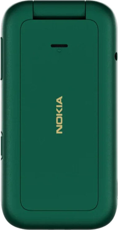 Zielony telefon z klapką, zamknięty, ze złotym logo Nokia. Telefon jest na białym tle.