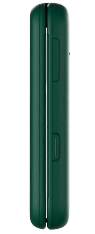 Zielony smartfon, zamknięty, widok z boku. Ma ciemnozielony kolor i prosty design.