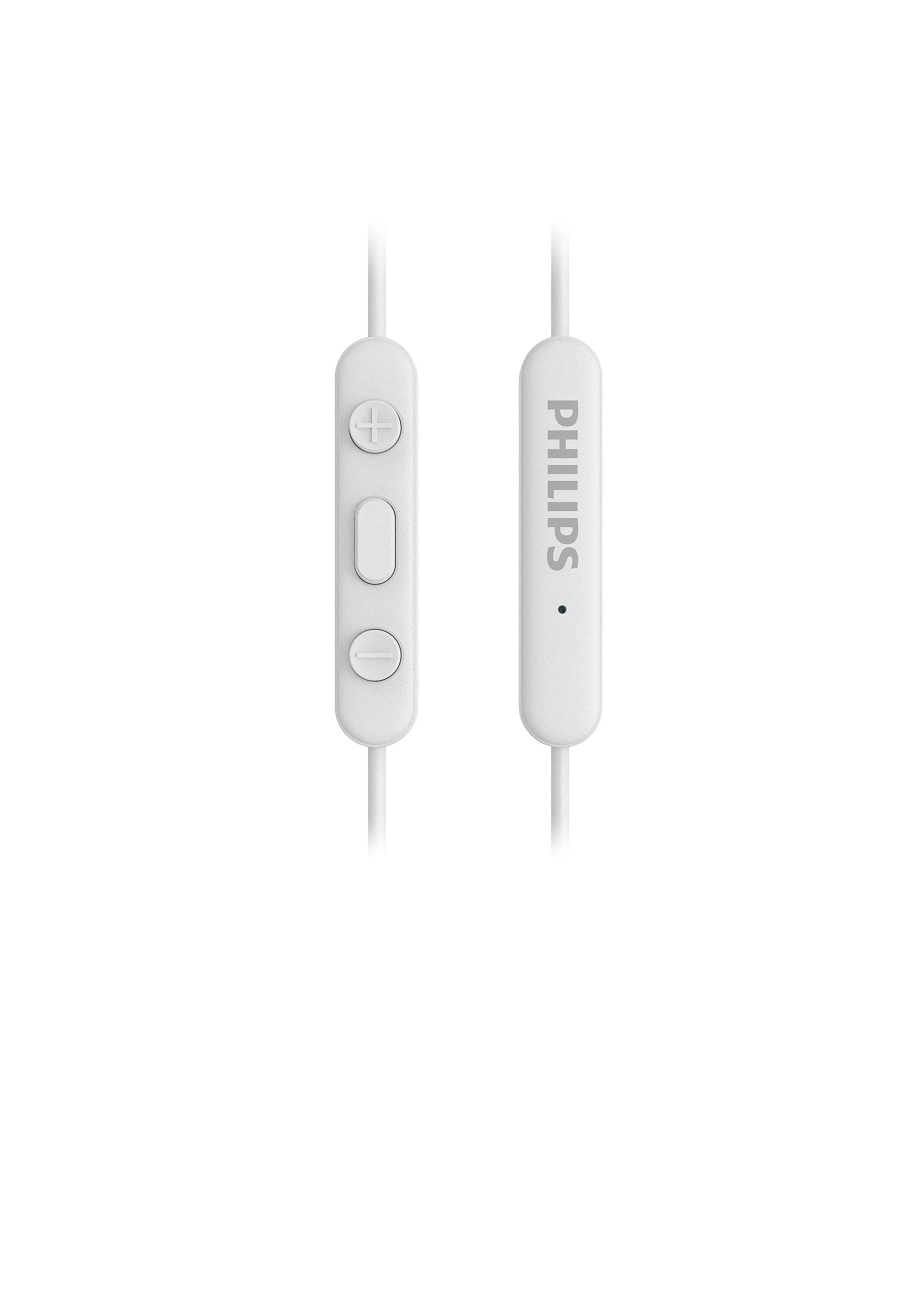 Zwei weiße Bedienelemente an einem Kabel. Das linke hat Plus- und Minuszeichen. Rechts steht Philips.