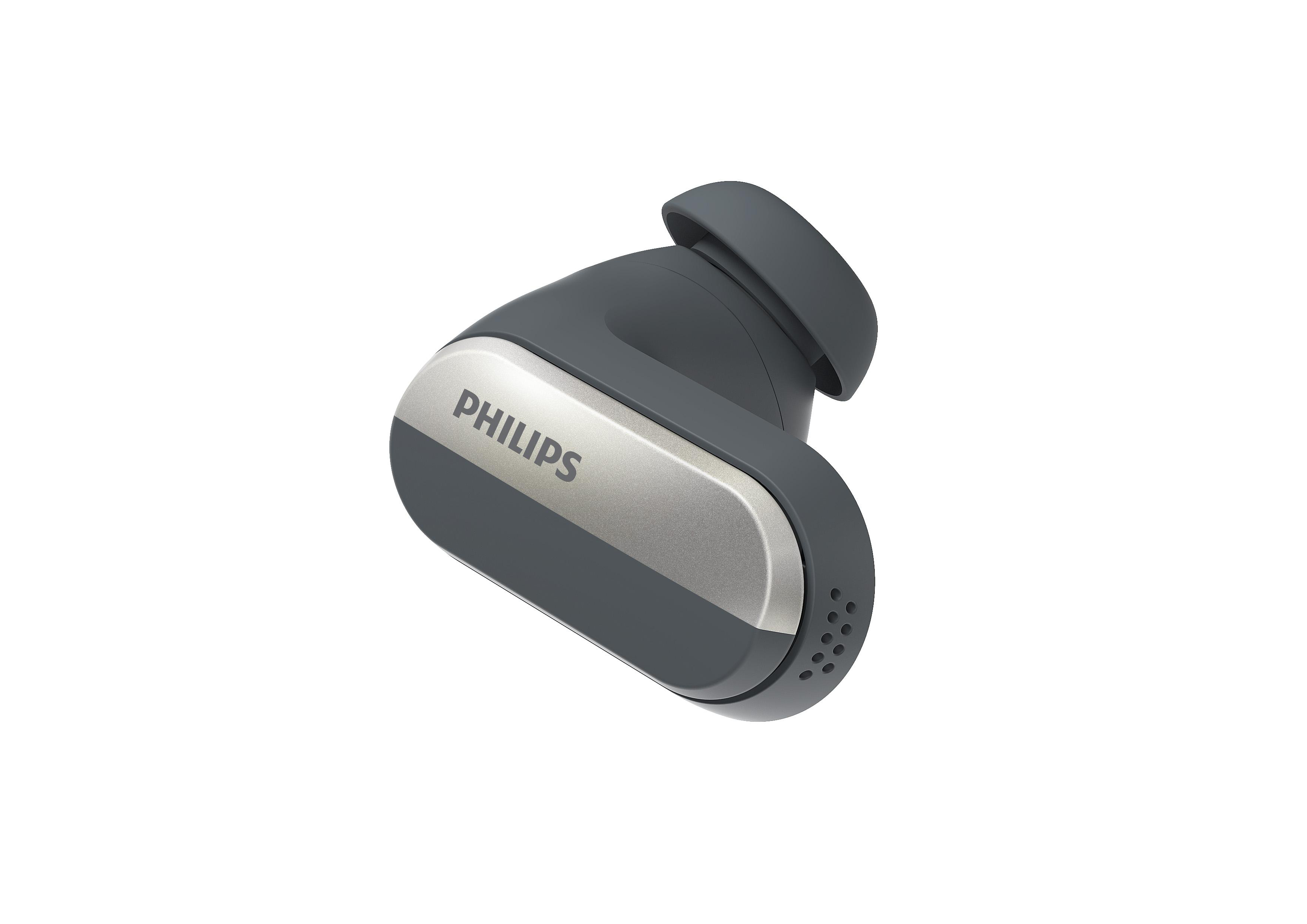 Grauer und silberner Philips-Ohrhörer auf weißem Hintergrund. Es hat eine silberne Oberfläche.